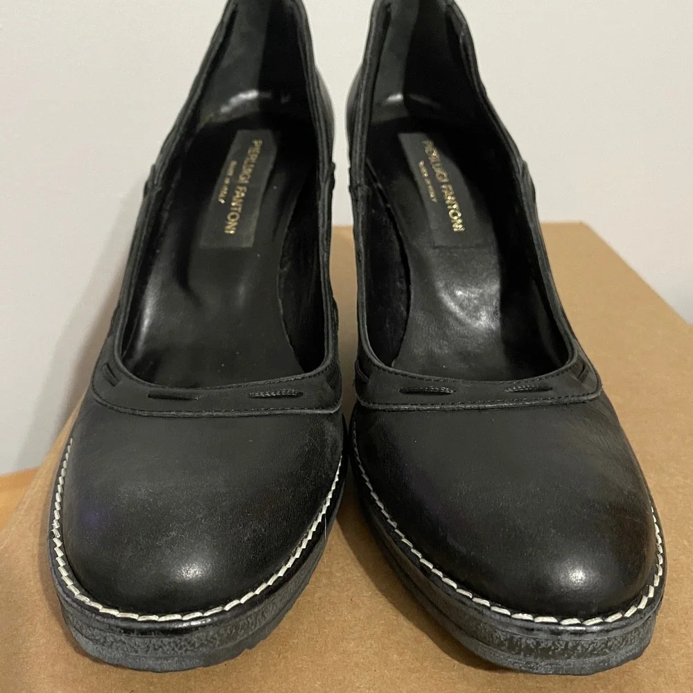 Pierluigi Fantoni‎ Womens Black Leather Slip-On Wedge Pump Heels Size 38